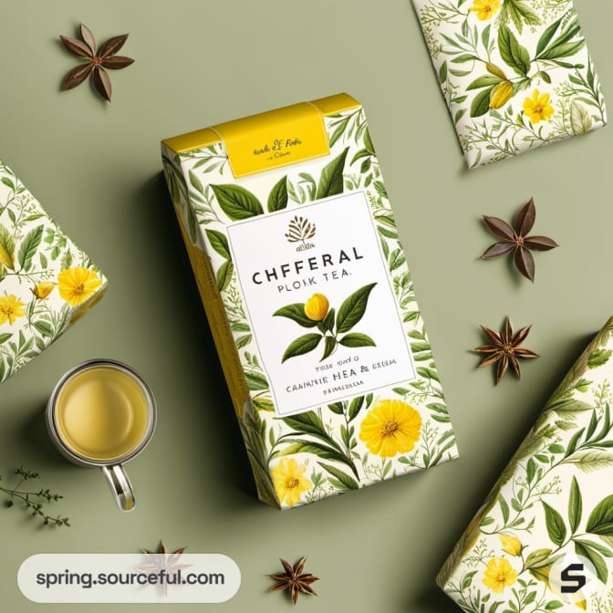 Floral herbal tea box and mug with spices on green background.