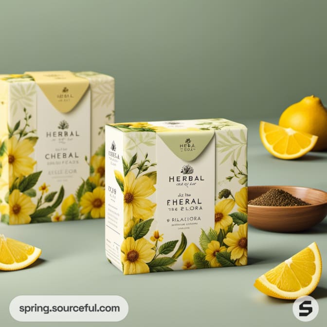 Two floral herbal tea boxes, cup of tea, lemons, and powdered tea.