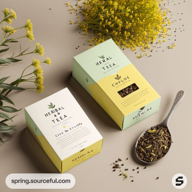 Two herbal tea boxes with floral decor, spoon with loose leaf tea.