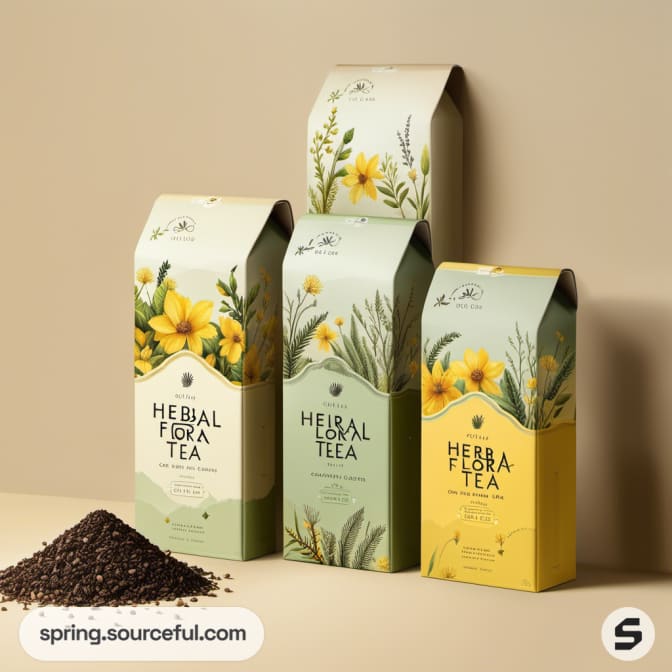 Four herbal tea pouches with yellow and green botanical designs.