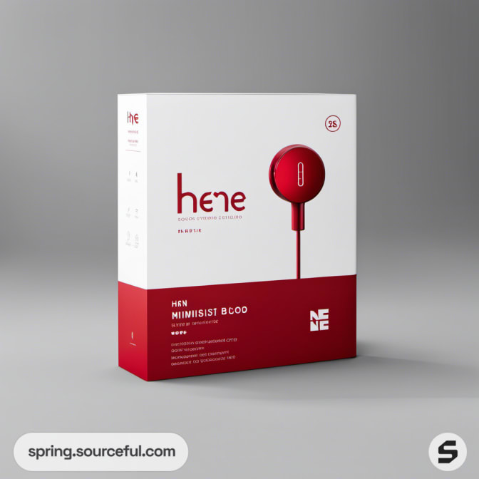 Red and white box with earphones packaging