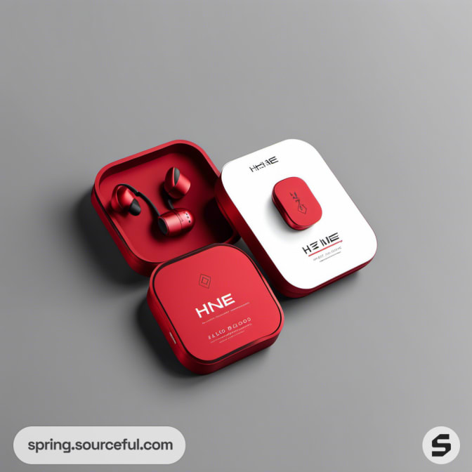 Red earphones in a red and white box