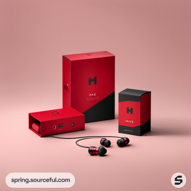 Red and black earphones with packaging