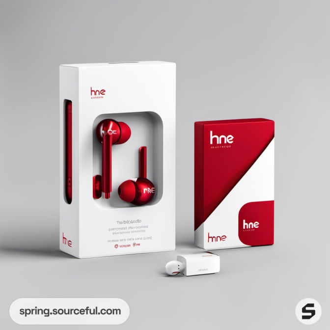 Red and white earphones and packaging
