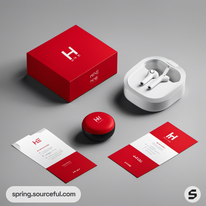 White wireless earbuds with red and white packaging
