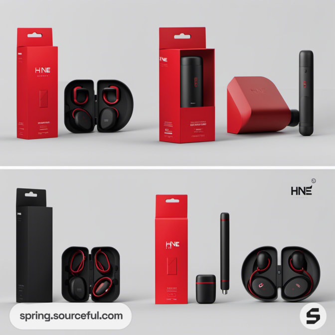 Red and black earphones with packaging boxes