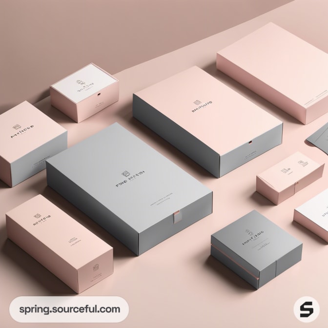 Pastel pink and grey packaging boxes arranged in various sizes and shapes on a smooth surface.