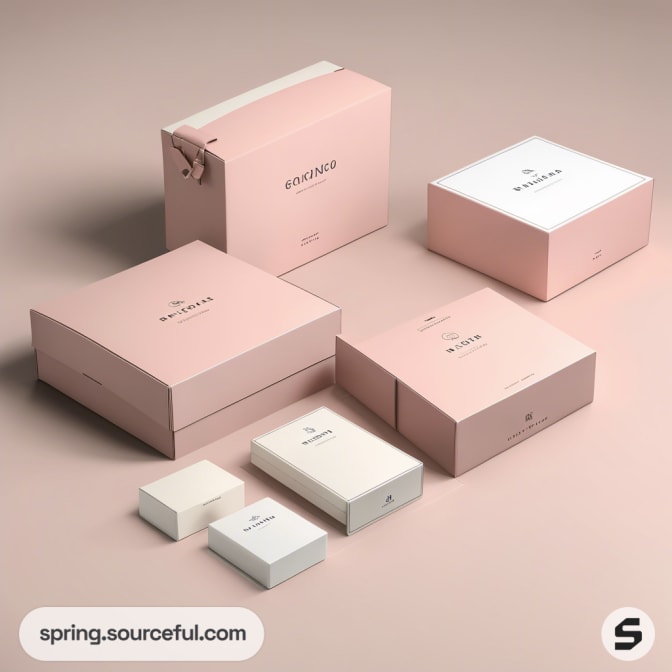 Assorted pink and white cardboard boxes with minimalist design on a neutral background.