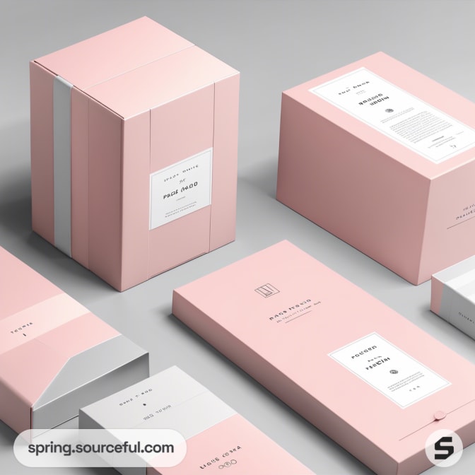 Pink rectangular packaging with subtle grey accents arranged neatly on a table.