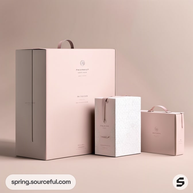 Tall and small pastel pink boxes with handles, standing on a light backdrop.