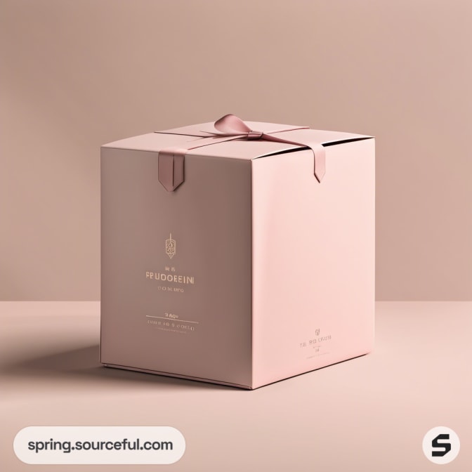 Large pastel pink cubic box with a ribbon handle on a plain background.