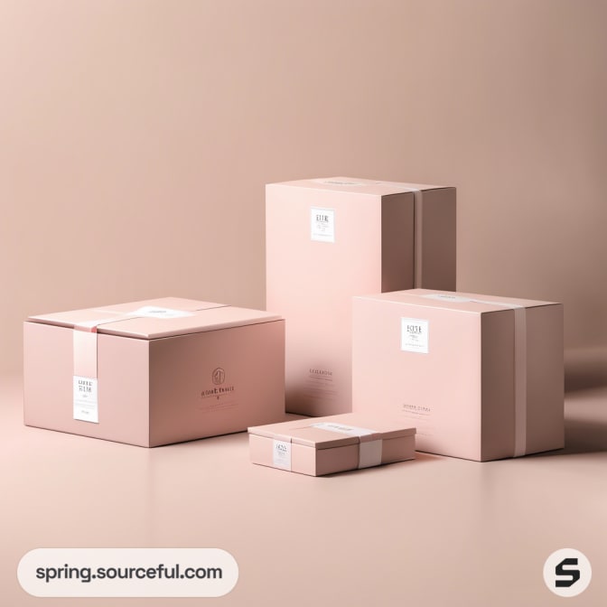 Group of various-sized pastel pink boxes with simple labels on a neutral surface.