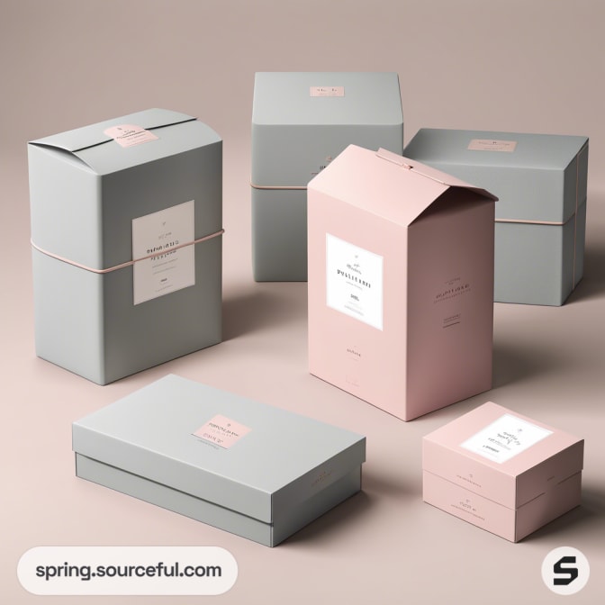 Mixed pastel pink and grey packaging boxes in elegant shapes on a beige surface.