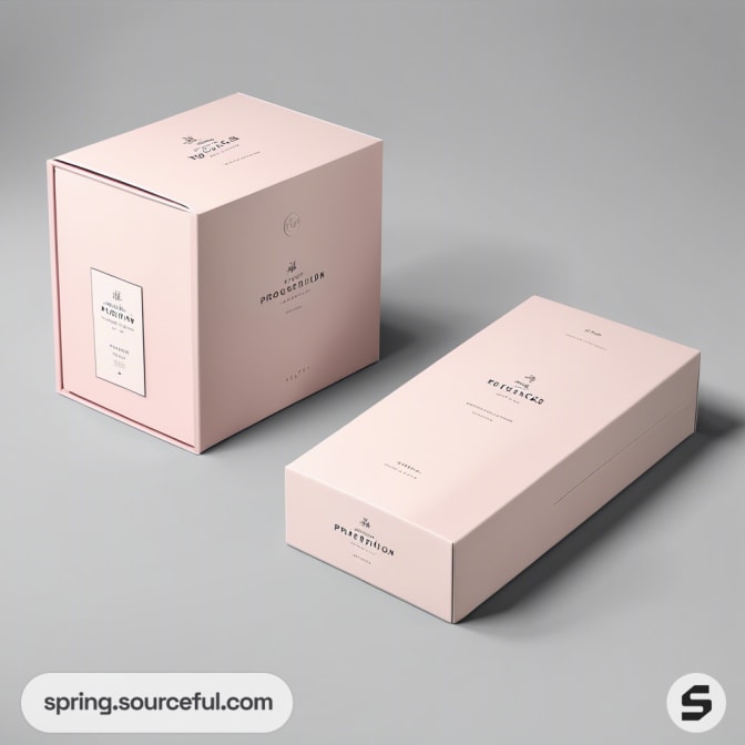 Two pastel pink rectangular boxes with minimalistic design on a grey background.