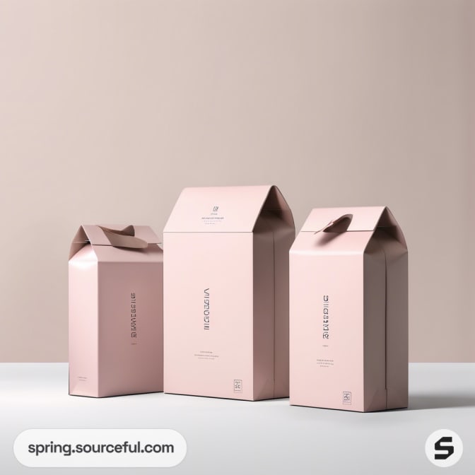 Three tall pink boxes with folded tops arranged on a seamless surface.