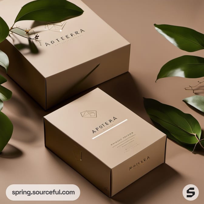 Brown and green luxury gift boxes with plant design, surrounded by leaves.