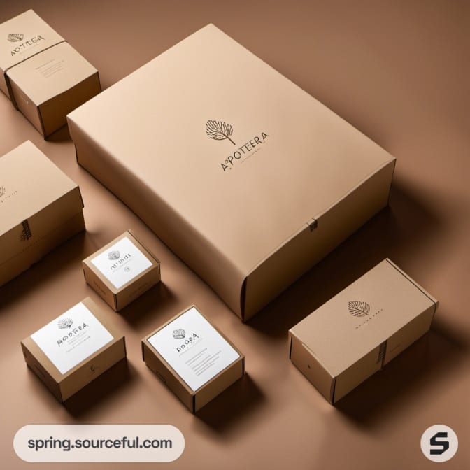 Assorted brown packaging boxes with tree designs on brown background.