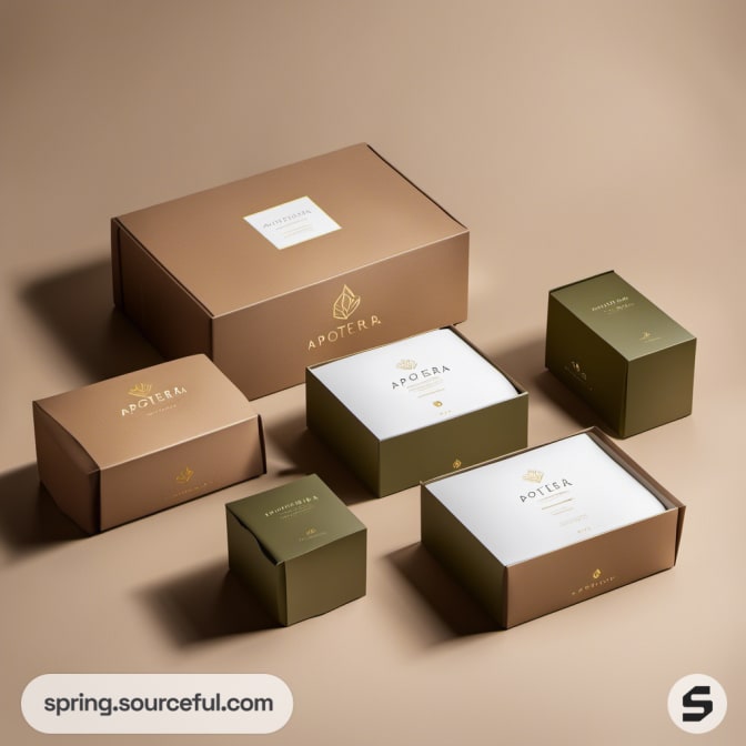 Assorted brown and green boxes with elegant branding on tan background.