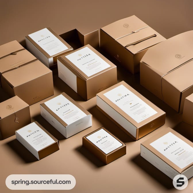 Collection of brown and white boxes in varied sizes on a brown surface.