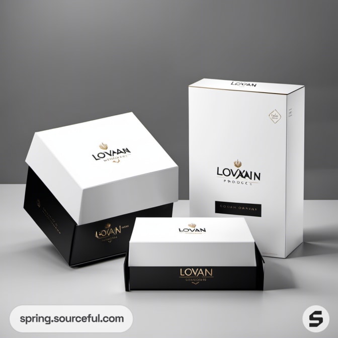 Elegant black and white product boxes with gold highlights.
