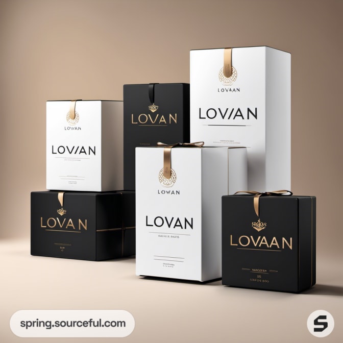 Stacked black and white packaging boxes with gold details.