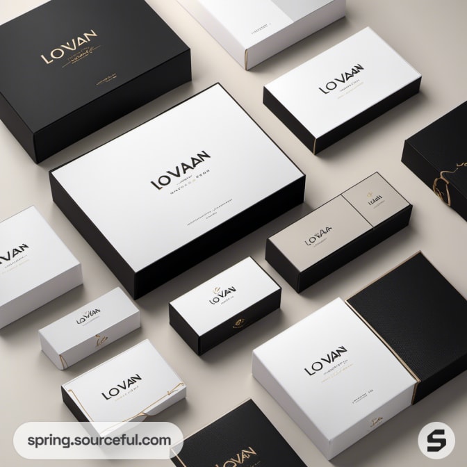 Assorted black and white luxury boxes with gold details.
