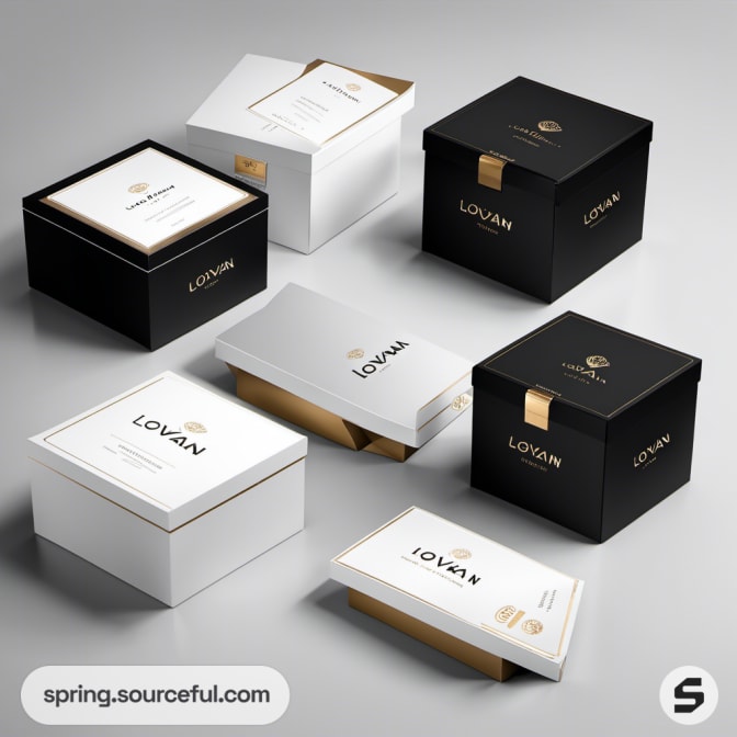 Black and white gift boxes with gold trim and inserts.