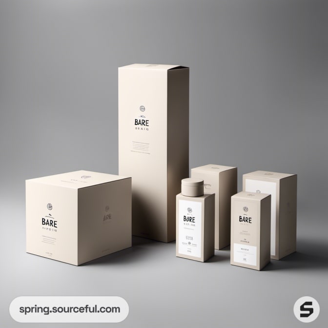 Collection of 'bare' branded products in minimalist boxes.