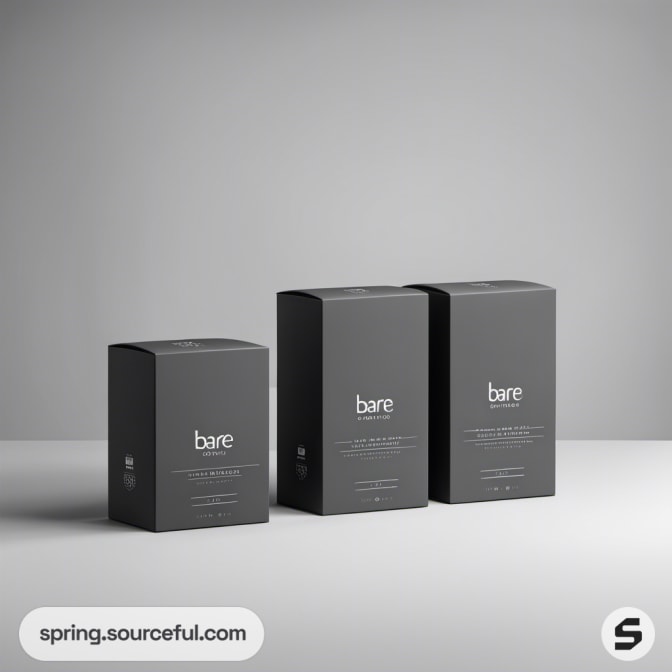 Triplet of tall dark grey boxes with 'bare' branding.