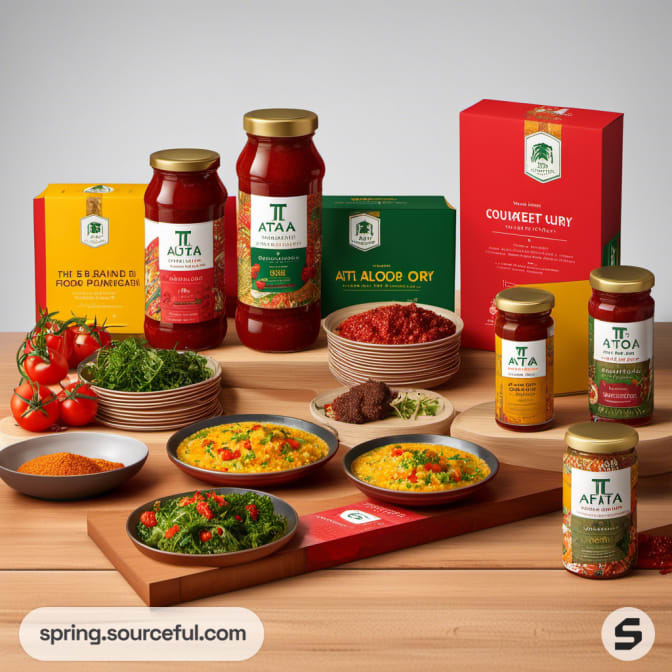 Jars and boxes of food products with bowls of prepared dishes, surrounded by fresh ingredients.