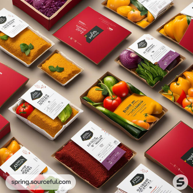 Variety of boxed and packaged foods with fresh vegetables, spices, and a vibrant color scheme.