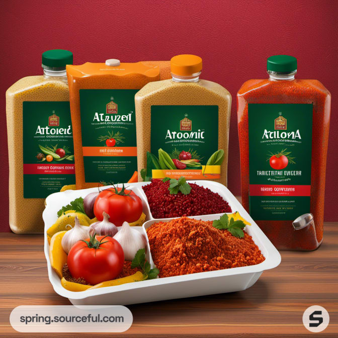 Bottled sauces and spice bags next to fresh vegetables on a wooden surface.