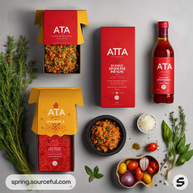 Boxes and bottle of food products with fresh herbs and vegetables, emphasizing natural ingredients.