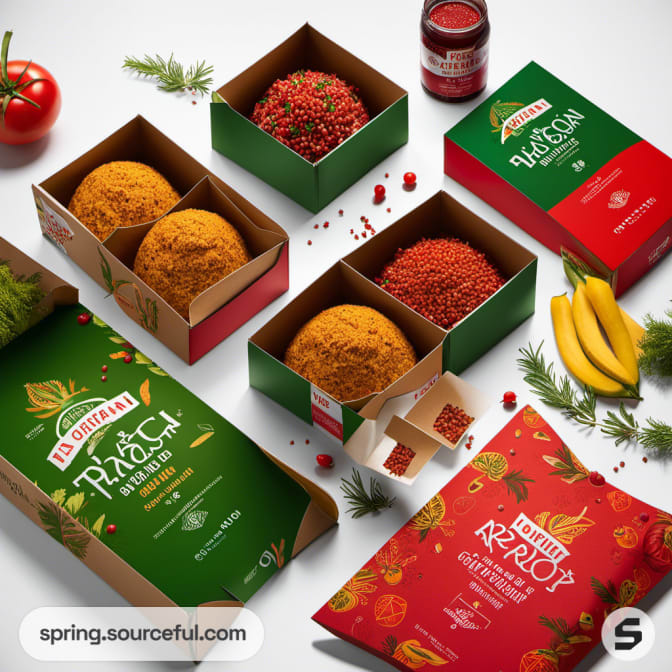 Open boxes of spice blends and whole spices, featuring vibrant red and green packaging.