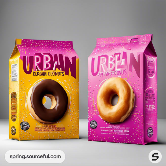 Two cereal boxes with donut graphics, one yellow with chocolate, one pink with glazed, against a gray background.
