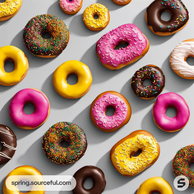 Variety of donuts with colorful icing and sprinkles on a gray surface.