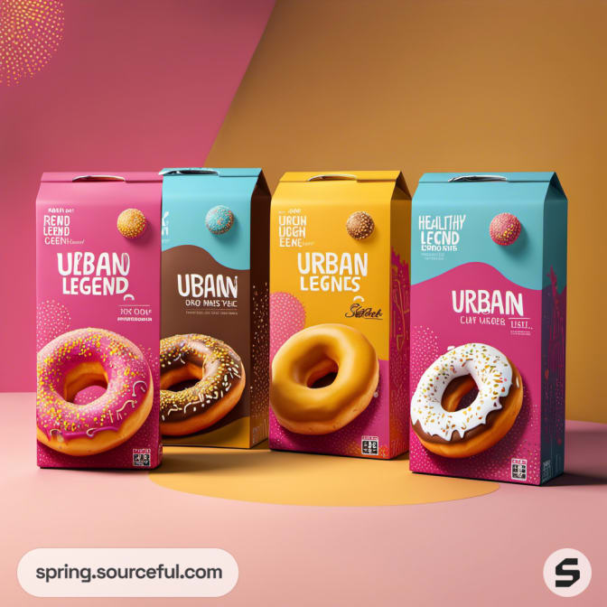Four colorful donut boxes on a vibrant background.