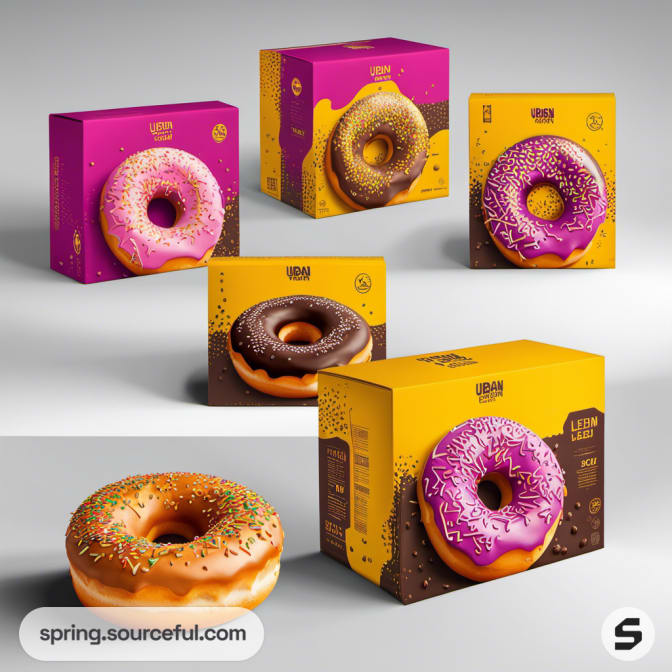 Assorted donut boxes with vibrant donuts on packaging, featuring pink, chocolate, and purple designs.