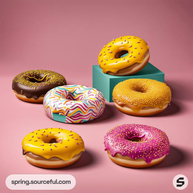 Assorted decorative donuts with colorful icing and sprinkles on a pink background.