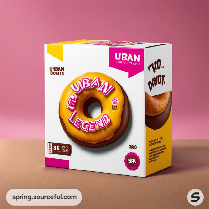 Box of donuts with a large donut image, pink 'Urban Legend' text on a yellow icing, and brown and pink accents.