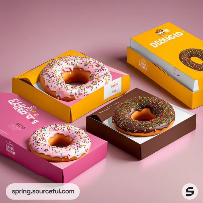 Three donut boxes with pink and yellow designs, each displaying a frosted donut with colorful sprinkles.