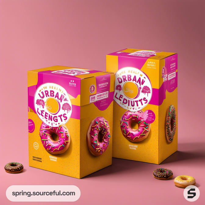 Two colorful cereal boxes with donuts on pink background.