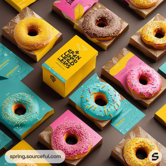 Colorful donuts on kraft paper resembling urban neighborhoods with teal, pink, and brown icing on donut boxes.