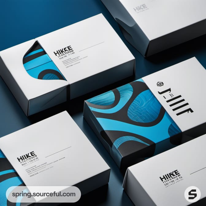 White and blue mailer boxes with abstract designs.