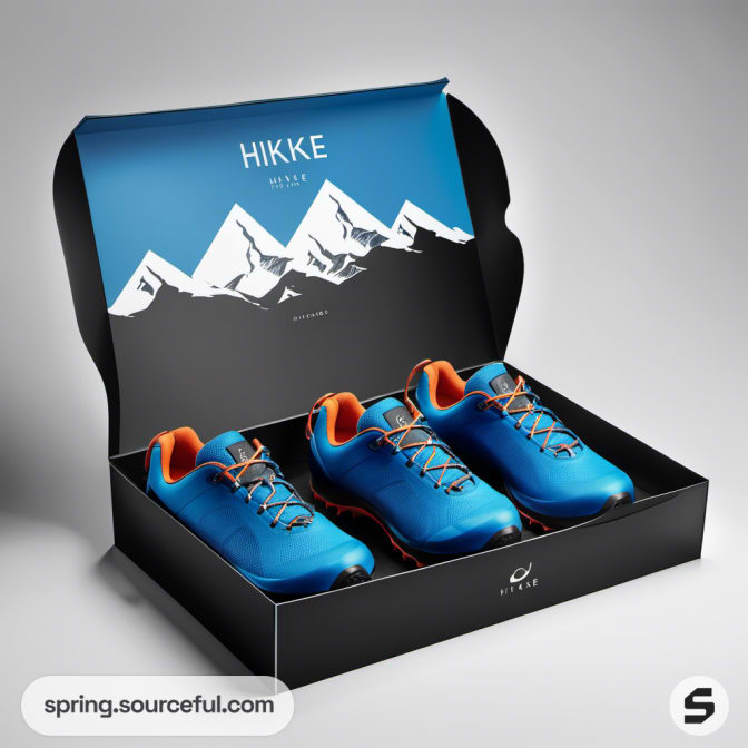 Black shoe box with blue shoes and mountain graphic.