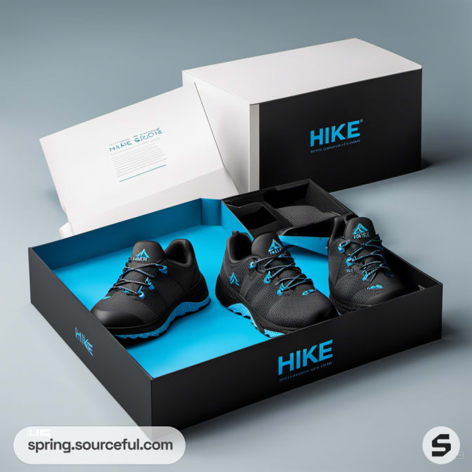 Black and white shoe box with blue sneakers.