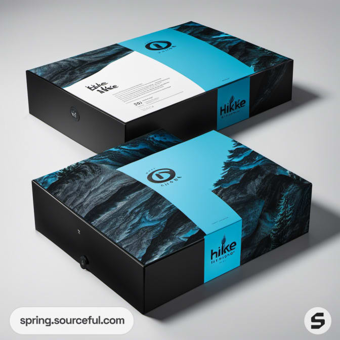 Black and blue shoe boxes with mountain pattern.