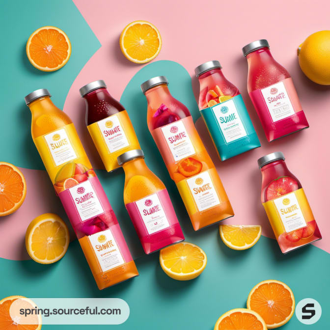 Assorted juice bottles on a colorful background with orange slices.