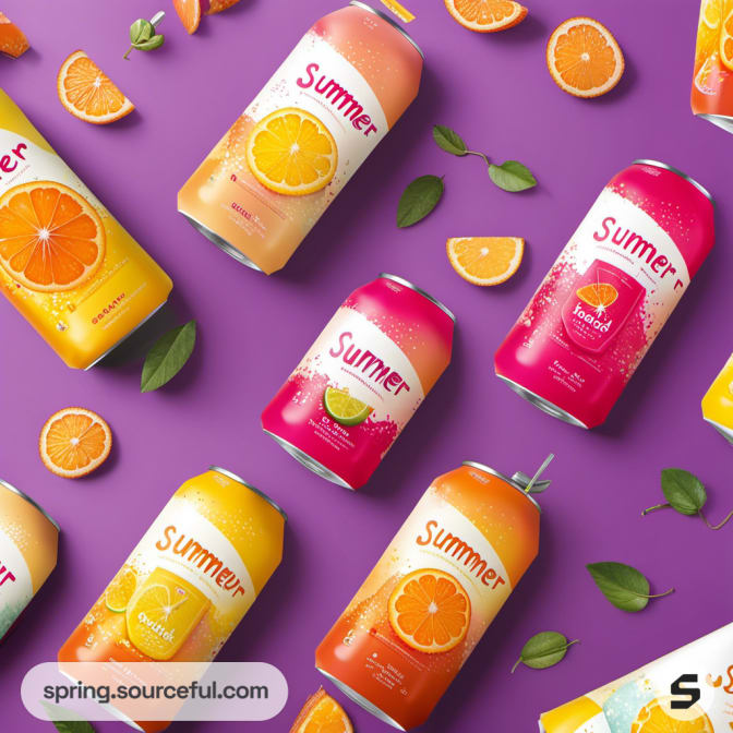 Cans of fruit drinks with orange and pink labels on a purple background.