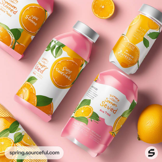 Bottles with pink labels featuring citrus graphics on a pale background.